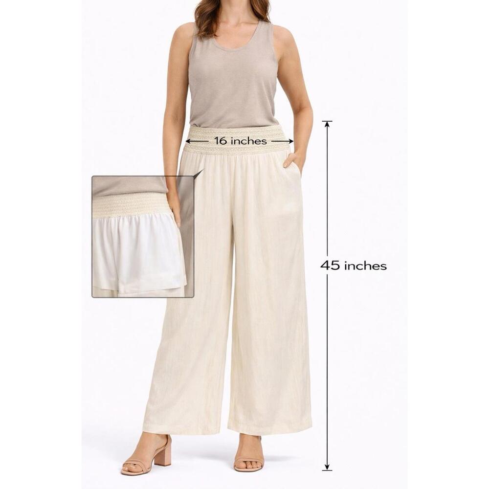 Women’s White Wide Leg Pants Waist Lined High Rise Flowy Boho Size L Long 45”